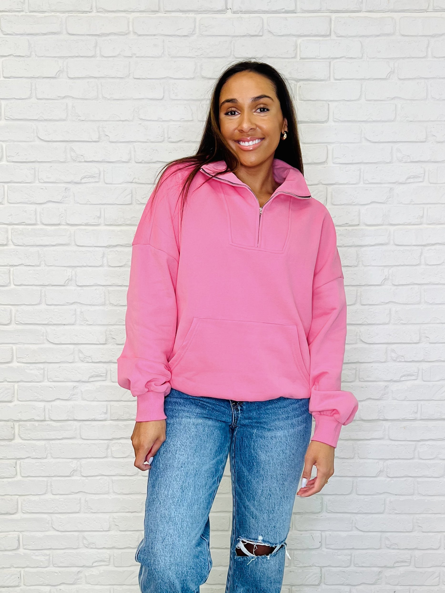 One Eleven North Bonbon Delight Half Zip Pullover in Pink Womens