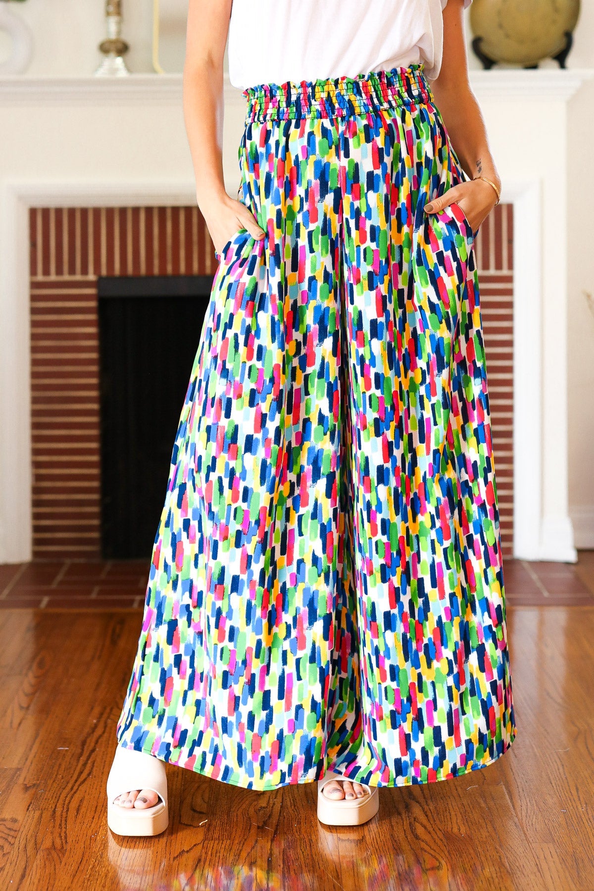 Haptics Stand Out Navy & Green Abstract Print Smocked Waist Palazzo Pants Final Sale Haptics