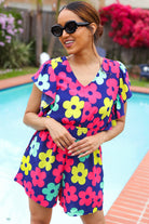 Haptics Feeling Bold Navy & Fuchsia Flat Floral Smocked Waist Flutter Sleeve Romper Haptics