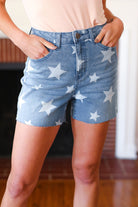 Haptics Raw Edge Light Wash Star Print High Rise Denim Shorts- Final Sale 2024 Blow-Out Sale