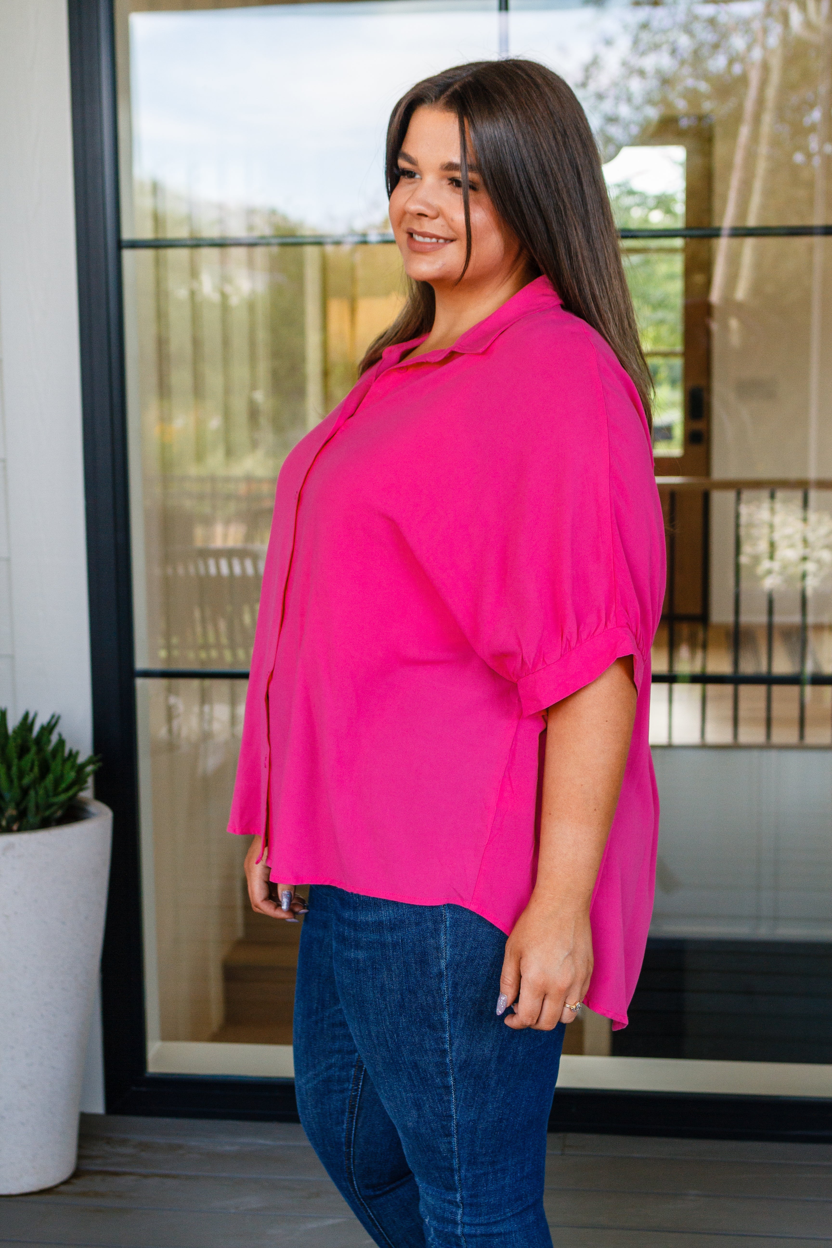One Eleven North Bounding Beauty Button Down Magenta Blouse Womens