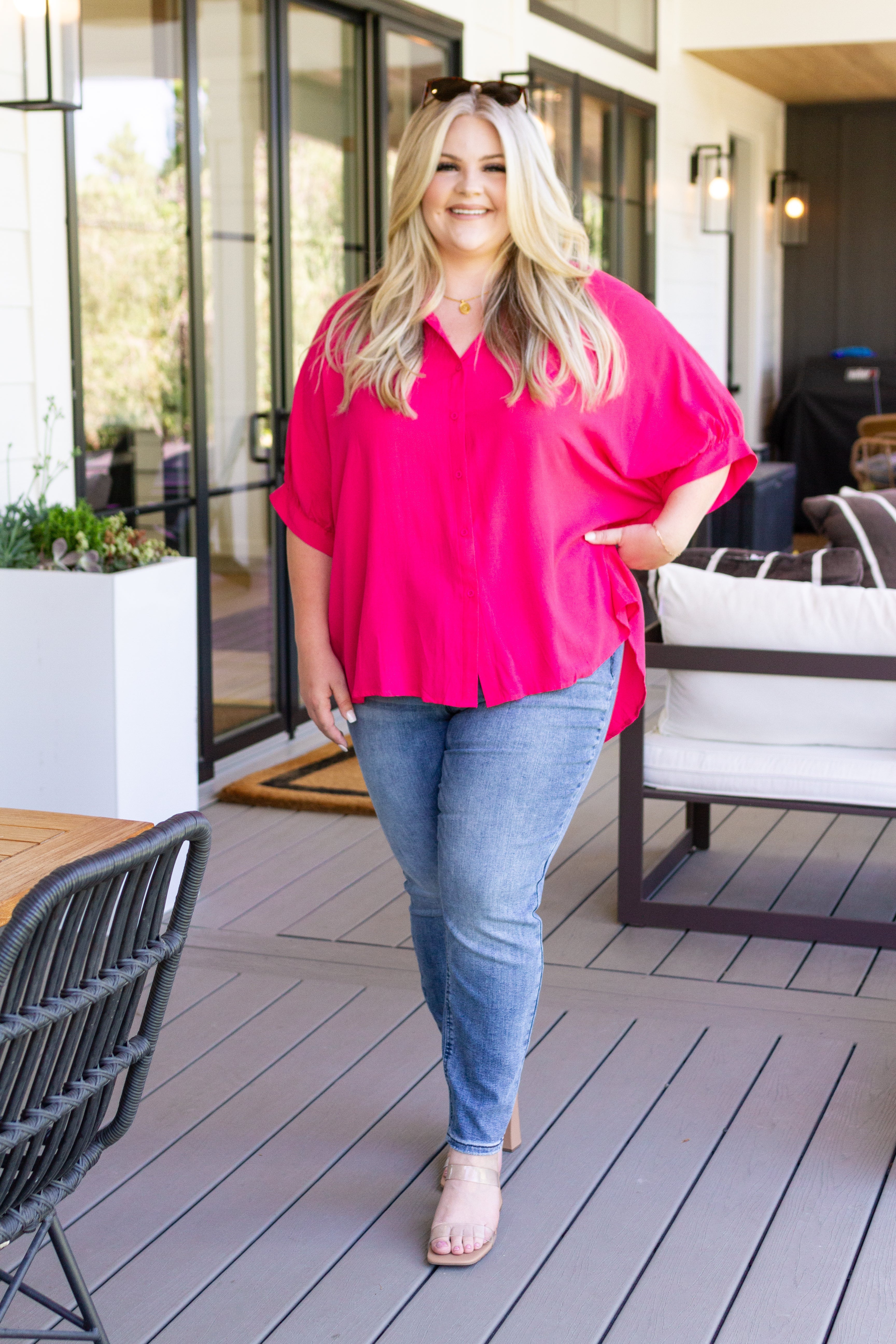 One Eleven North Bounding Beauty Button Down Magenta Blouse Womens
