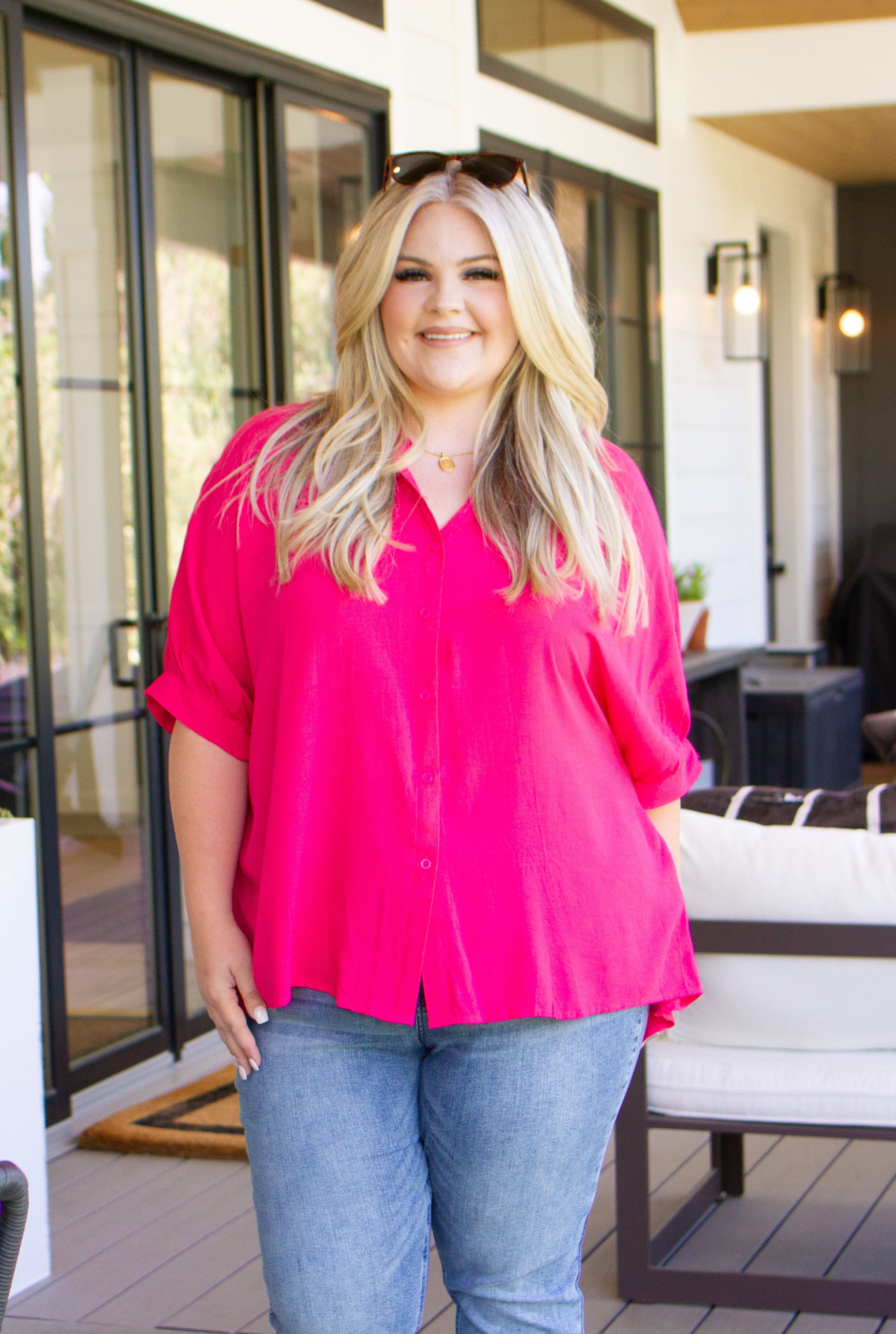 One Eleven North Bounding Beauty Button Down Magenta Blouse Womens