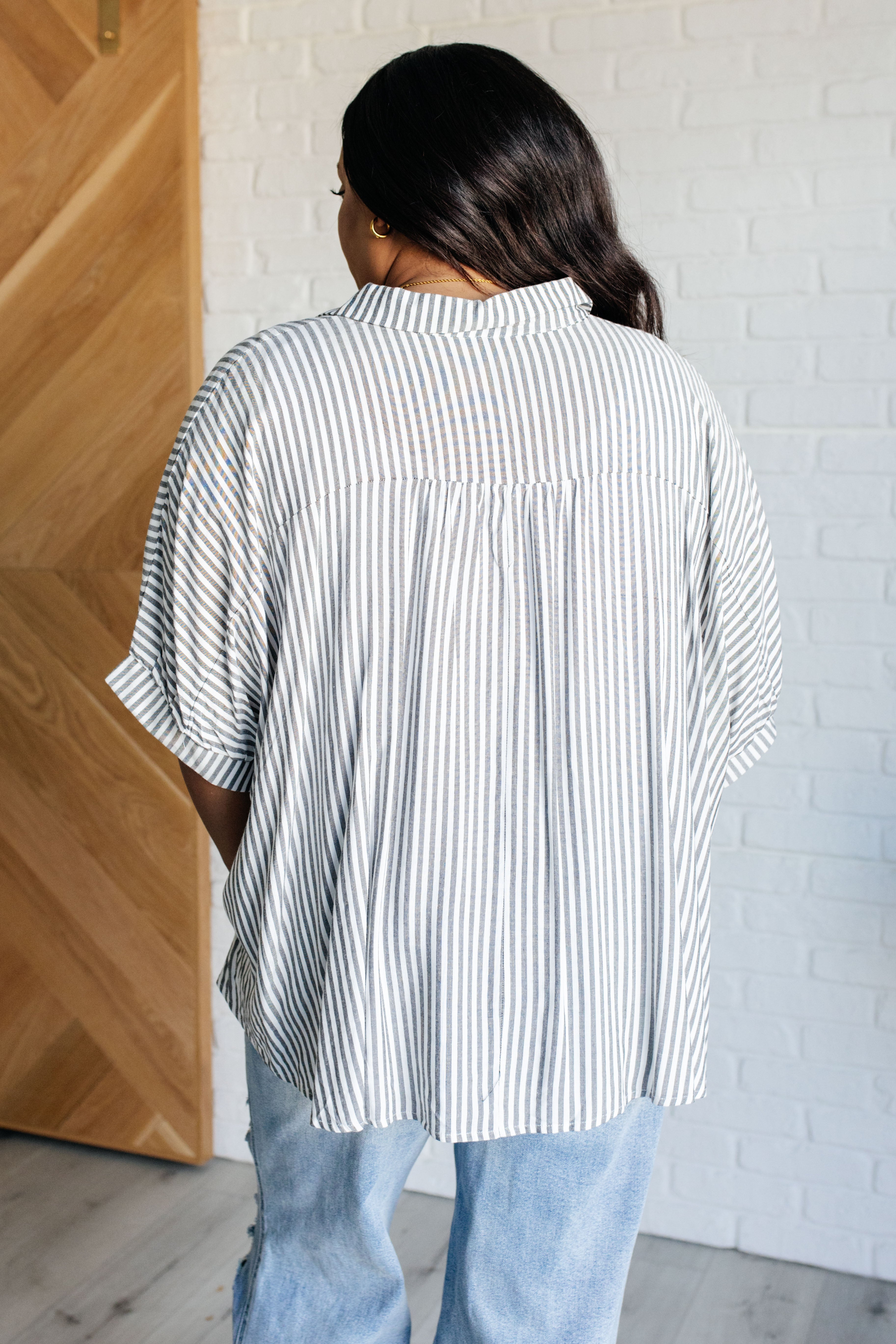 Zenana Boxy Striped Button Up in Black Shirts & Tops