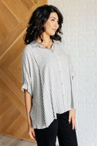 Zenana Boxy Striped Button Up in Black Shirts & Tops