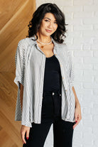 Zenana Boxy Striped Button Up in Black Shirts & Tops