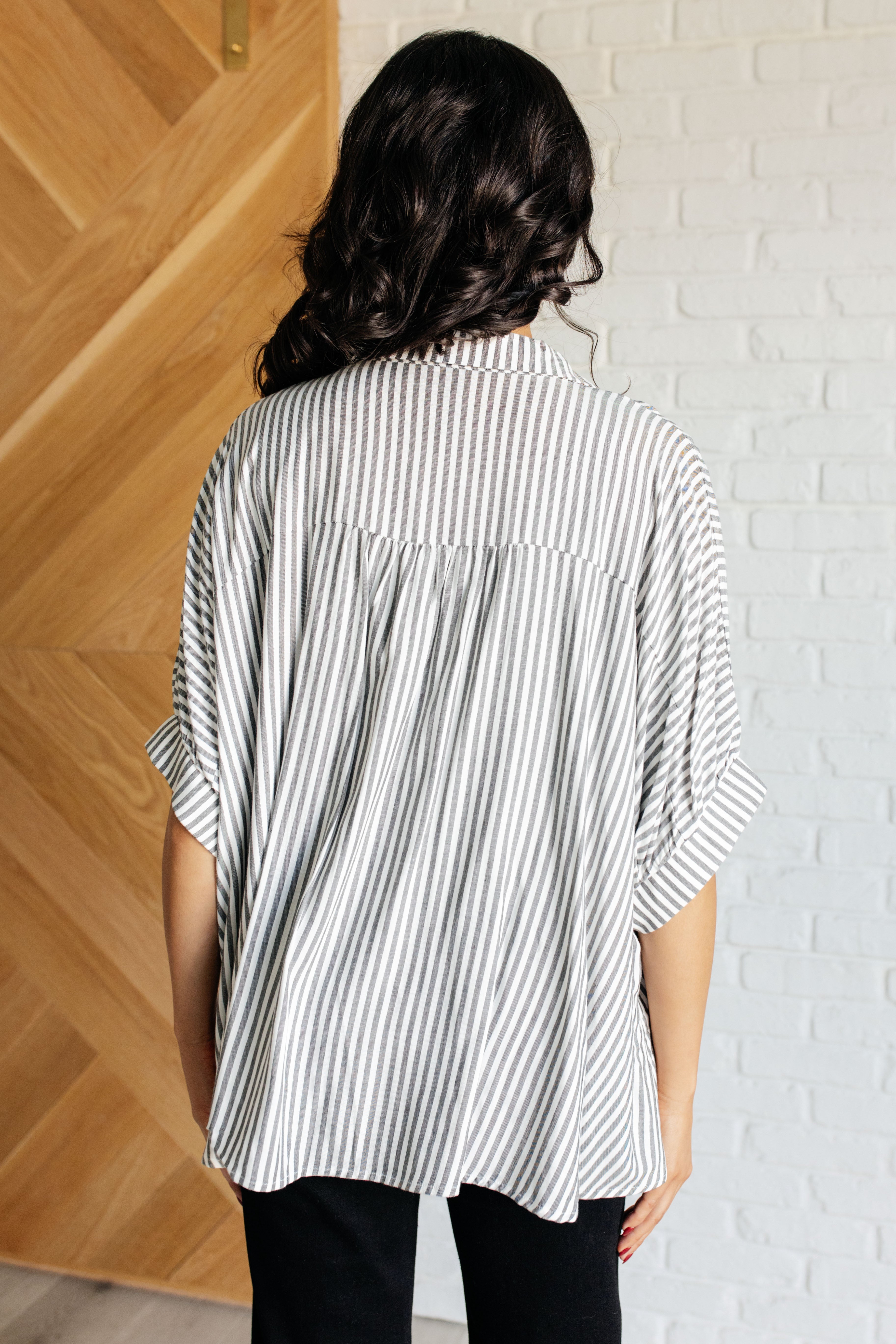 Zenana Boxy Striped Button Up in Black Shirts & Tops