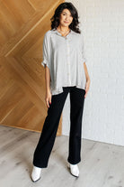 Zenana Boxy Striped Button Up in Black Shirts & Tops