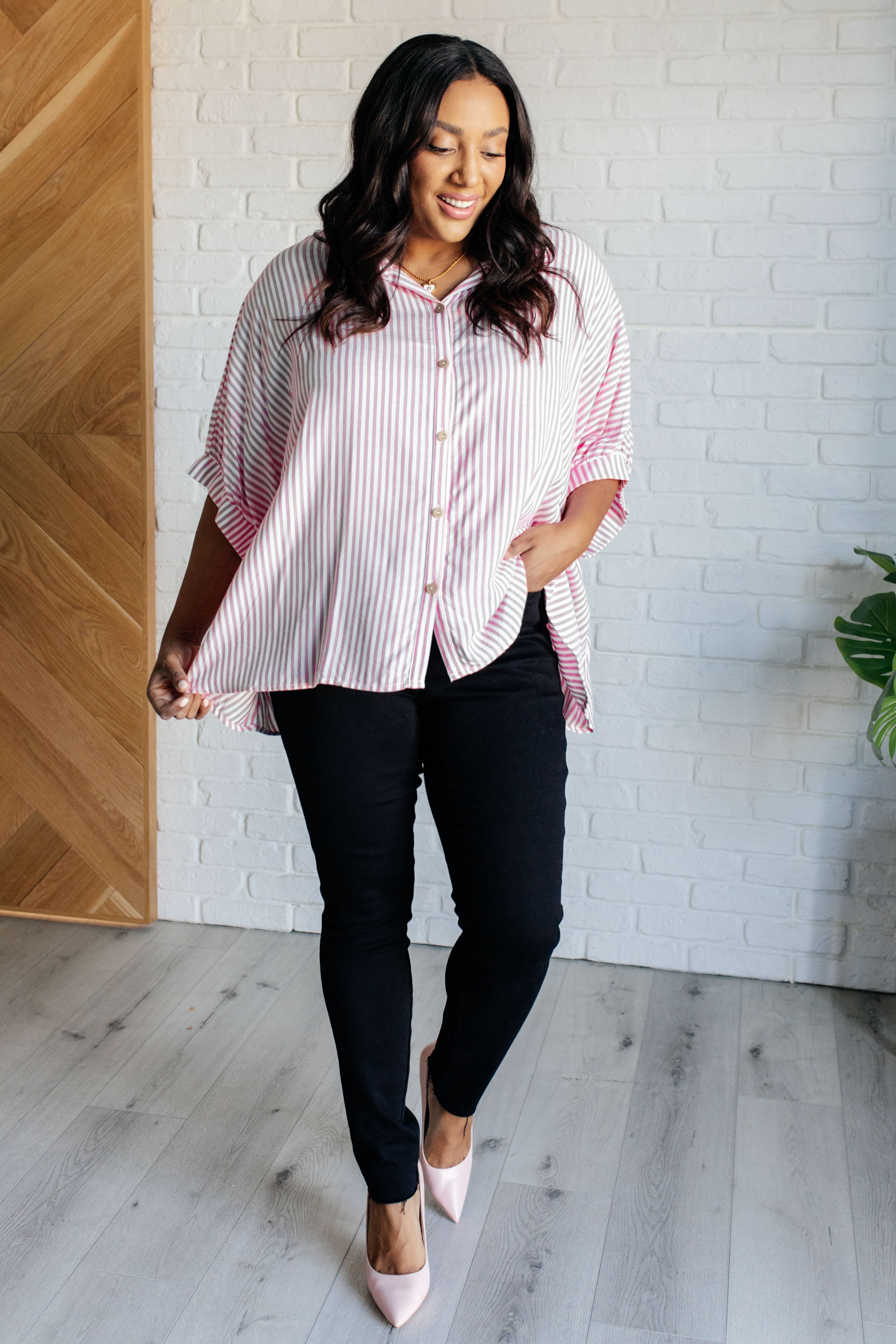 Zenana Boxy Striped Button Up in Hot Pink Tops