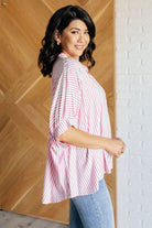 Zenana Boxy Striped Button Up in Hot Pink Tops