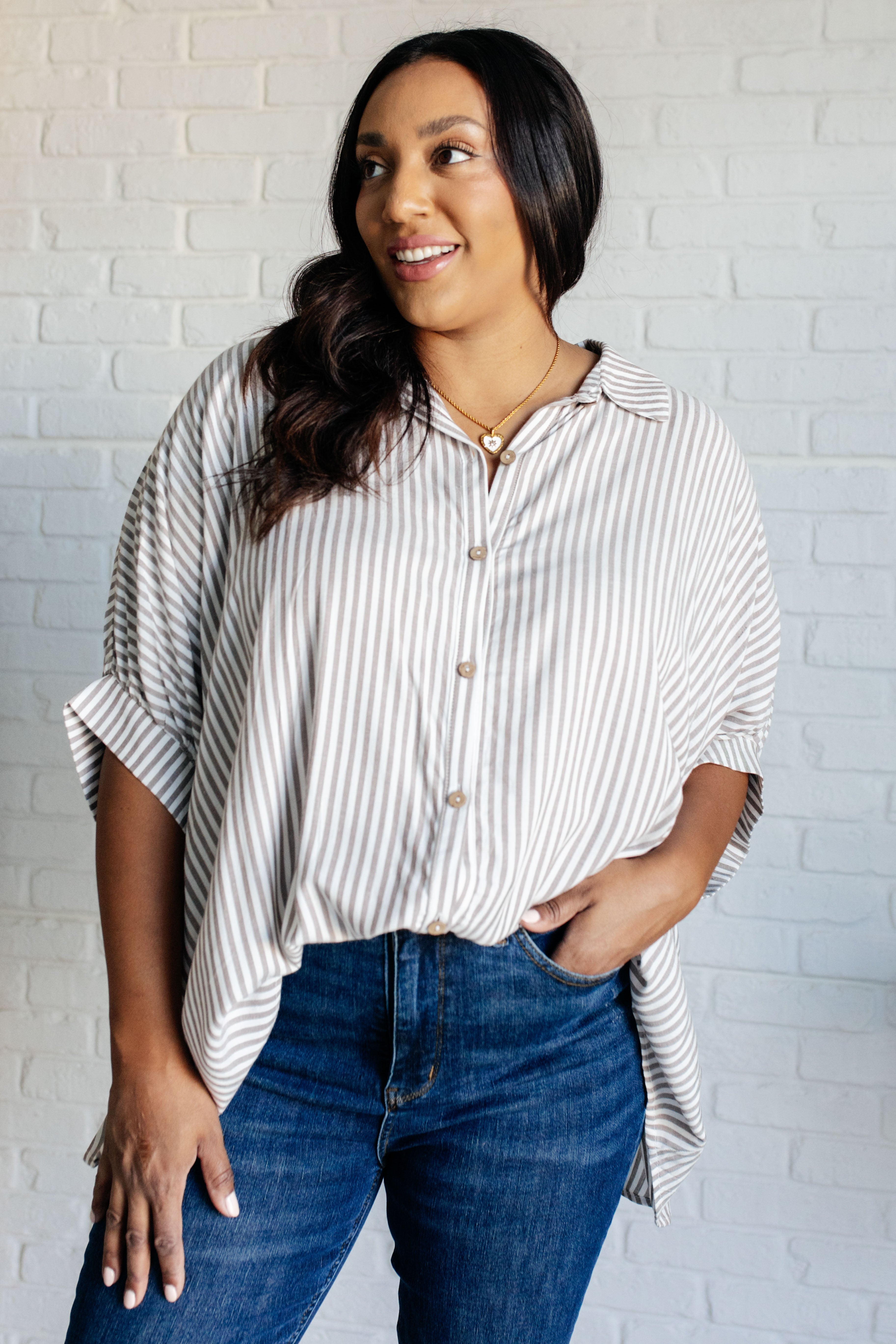 Zenana Boxy Striped Button Up in Mocha Shirts & Tops