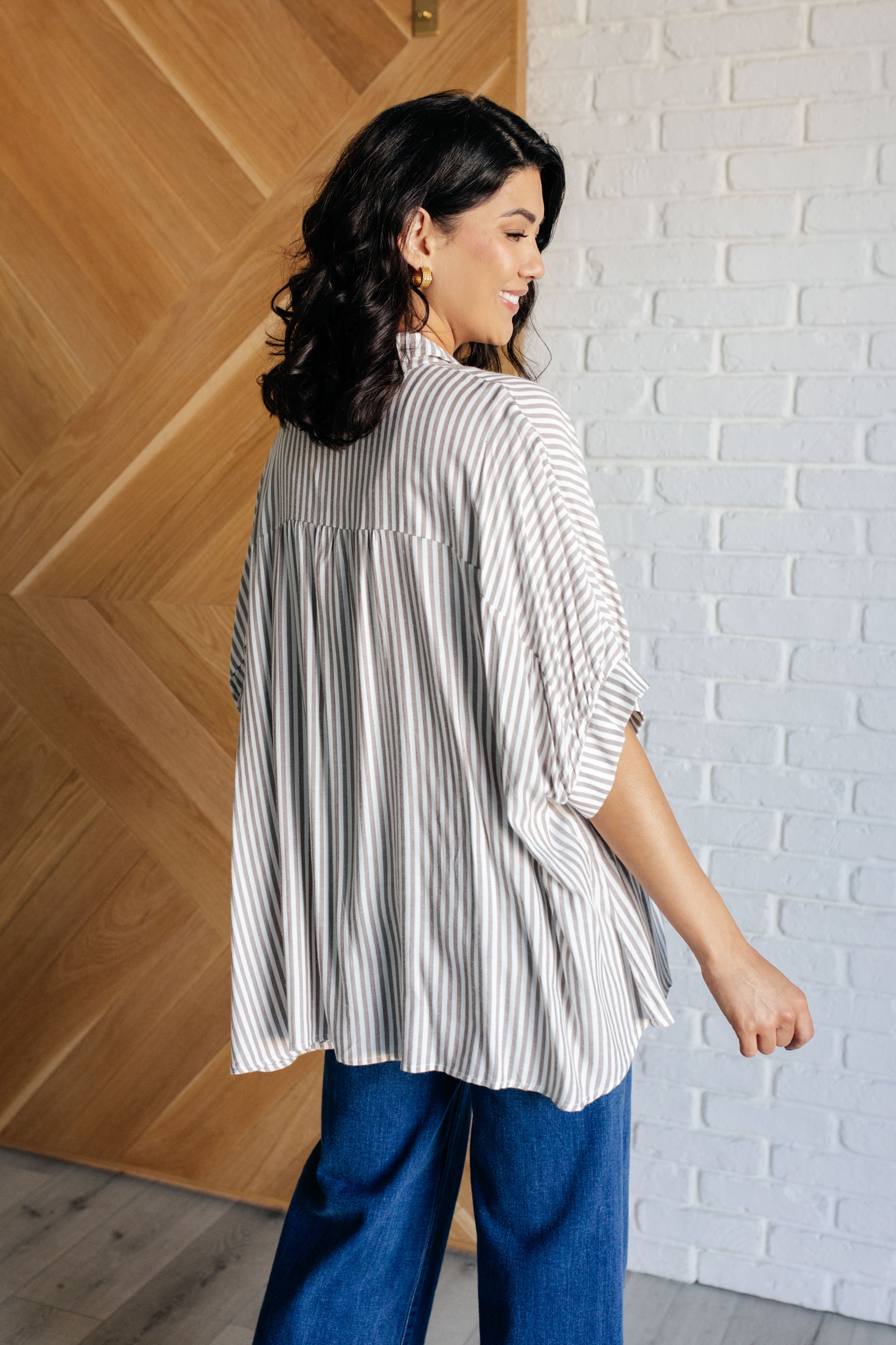 Zenana Boxy Striped Button Up in Mocha Shirts & Tops