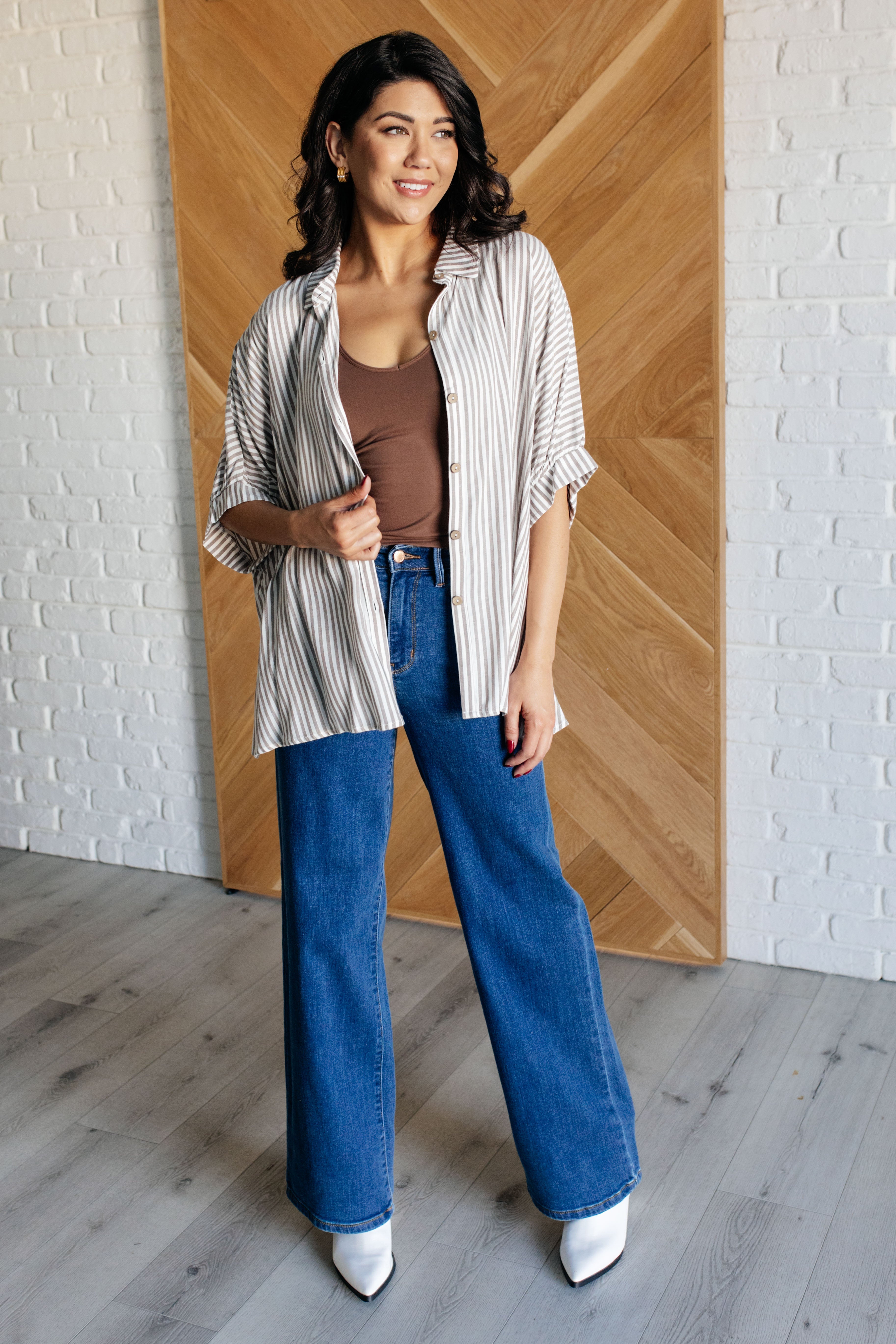 Zenana Boxy Striped Button Up in Mocha Shirts & Tops