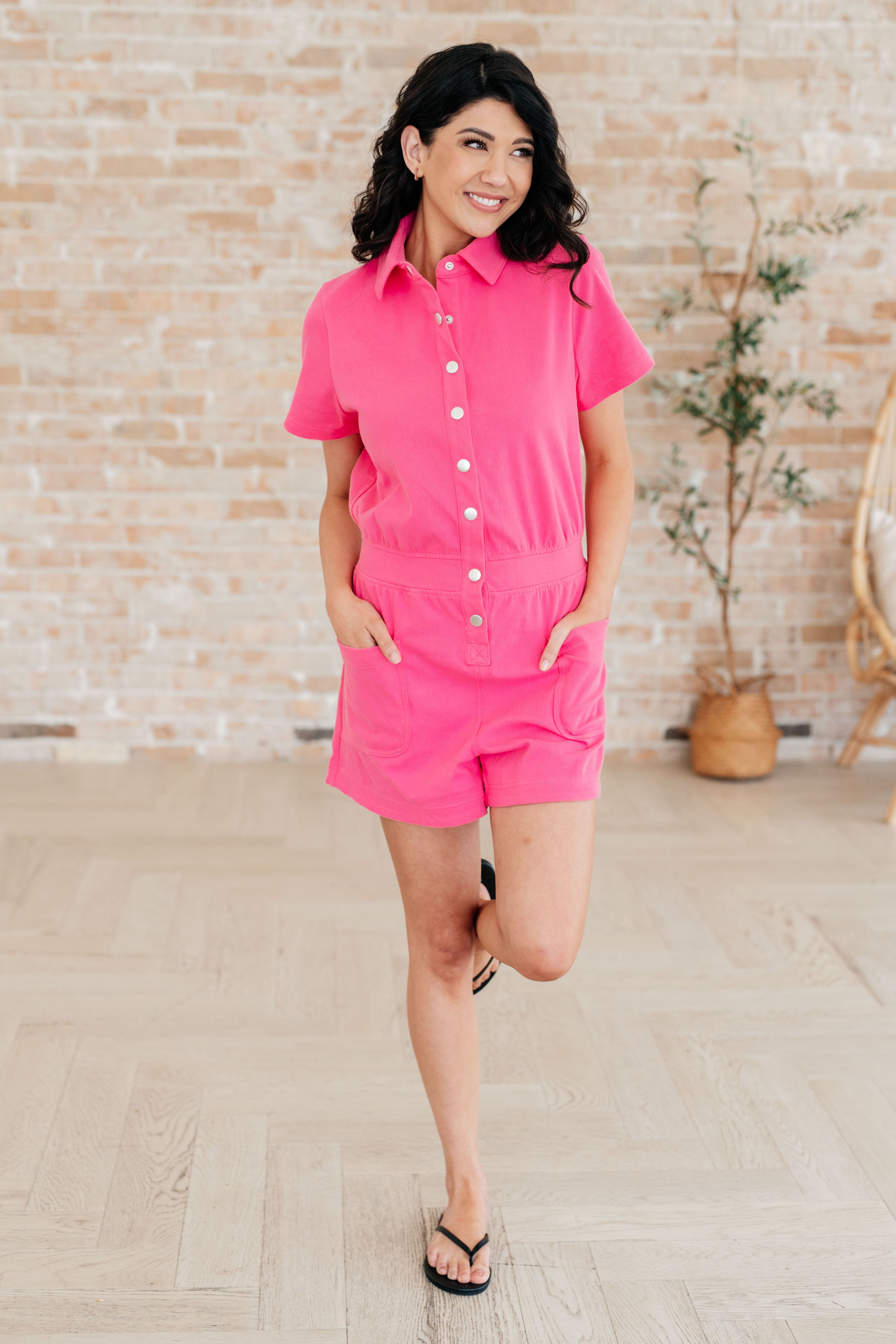 Rae Mode Break Point Collared Romper in Hot Pink Ave Shops