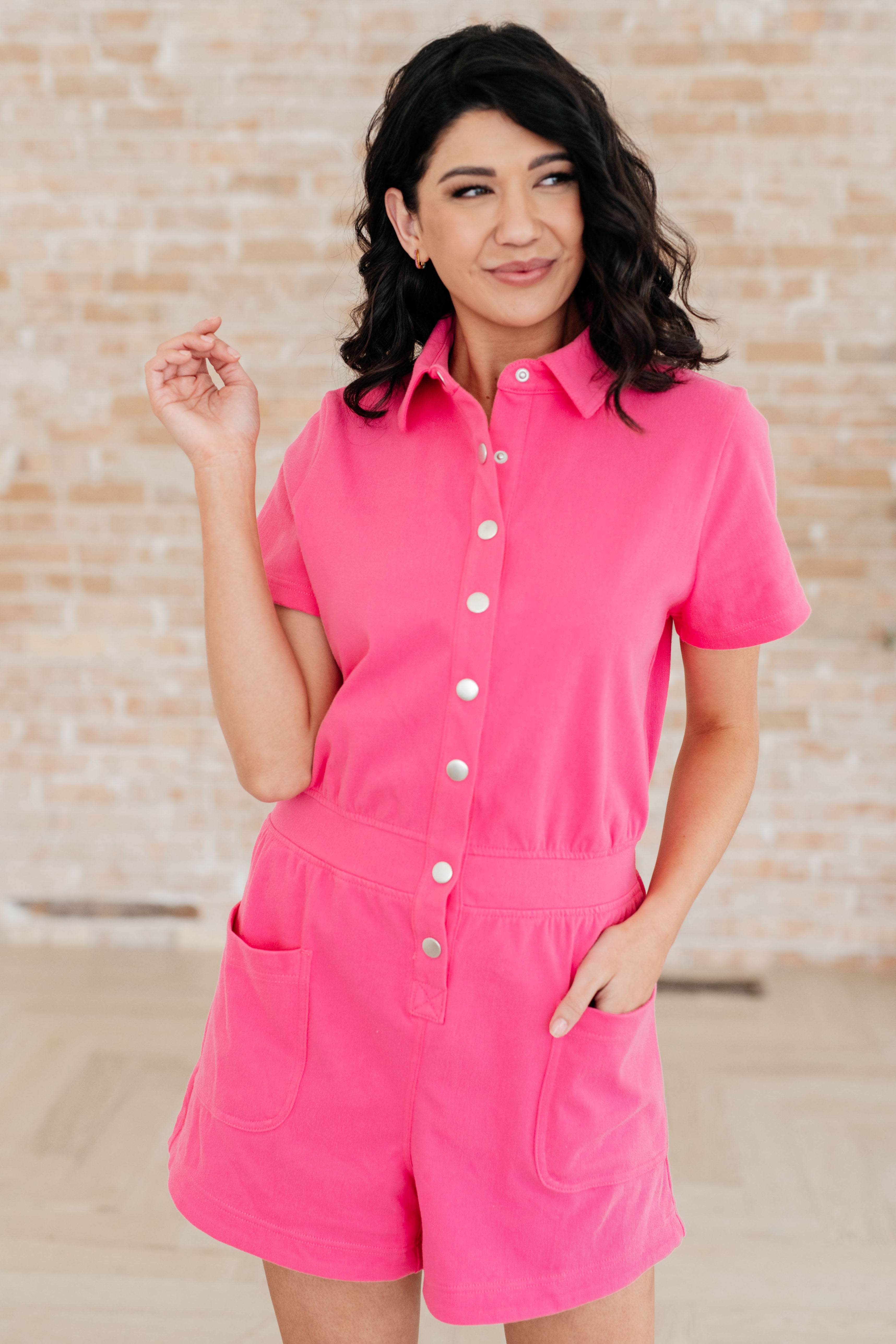 Rae Mode Break Point Collared Romper in Hot Pink Ave Shops