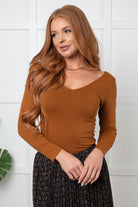 Yelete Bring in the Basics Seamless Reversible V-Neck Caramel Shirts & Tops