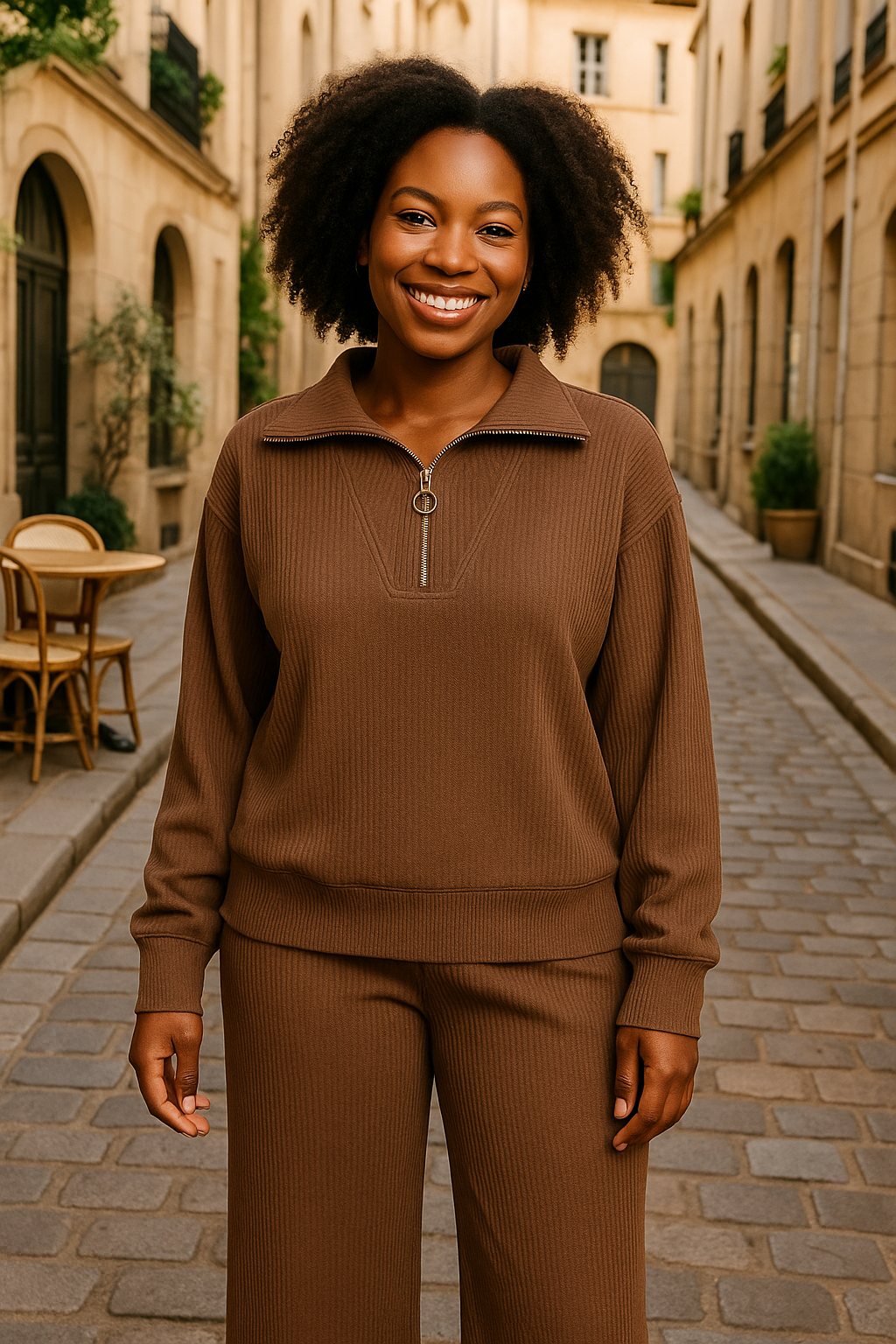 Zenana Brown Ribbed High Neck Half Zip Pullover & Pants Set BROWN