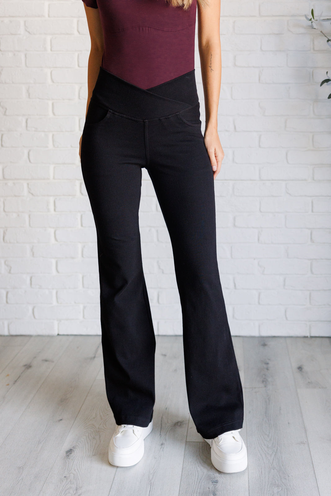 Rae Mode Building Habits Twill Flared Crossover Waist Pant in Black Ave Shops