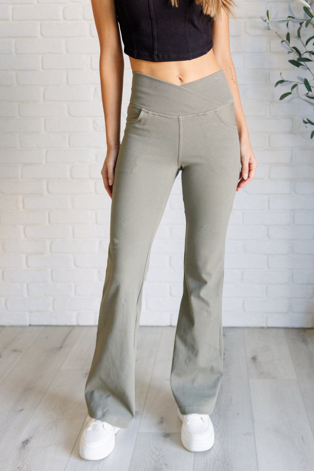 Rae Mode Building Habits Twill Flared Crossover Waist Pant in Dusty Olive Ave Shops