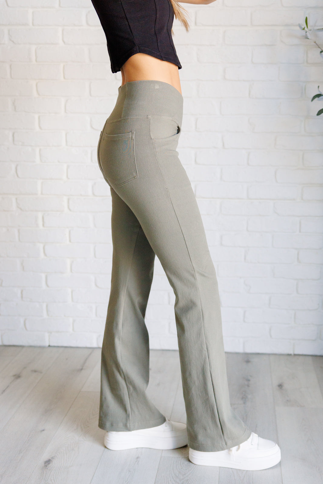 Rae Mode Building Habits Twill Flared Crossover Waist Pant in Dusty Olive Ave Shops