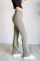 Rae Mode Building Habits Twill Flared Crossover Waist Pant in Dusty Olive Pants