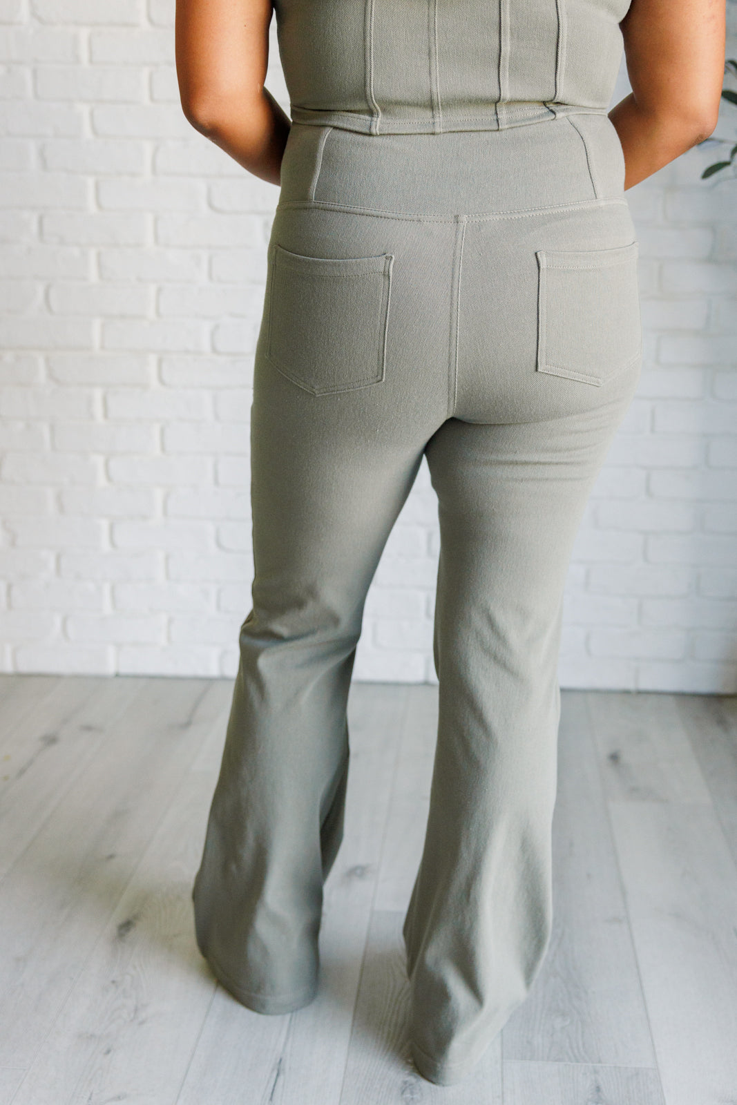 Rae Mode Building Habits Twill Flared Crossover Waist Pant in Dusty Olive Ave Shops