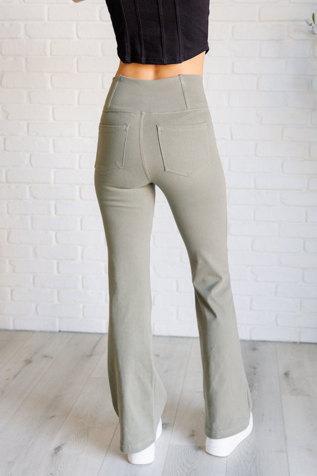 Rae Mode Building Habits Twill Flared Crossover Waist Pant in Dusty Olive Ave Shops