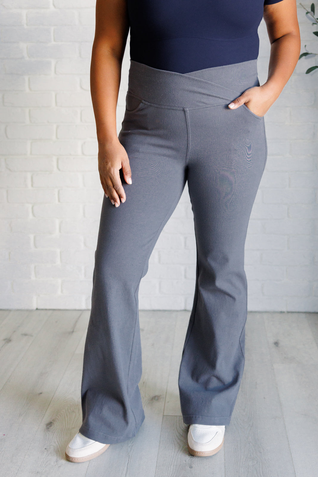 Rae Mode Building Habits Twill Flared Crossover Waist Pant in Titanium Ave Shops