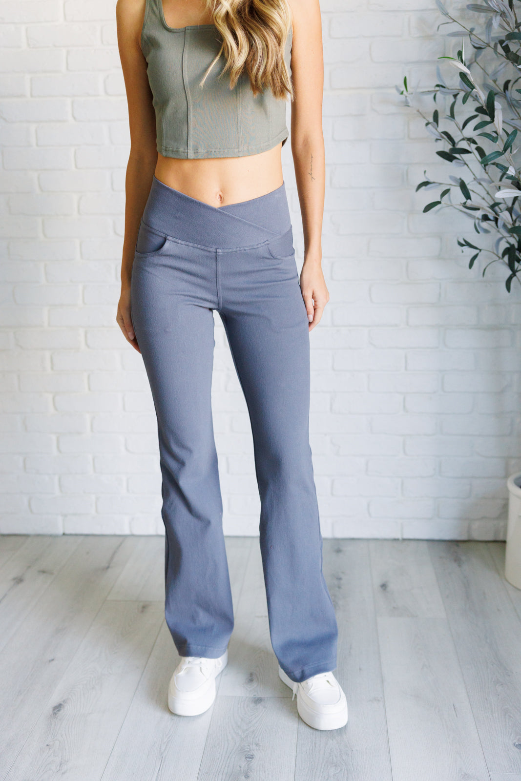 Rae Mode Building Habits Twill Flared Crossover Waist Pant in Titanium Ave Shops