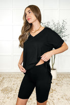 Zenana Buttery Soft V-Neck Bike Short Set in Black Womens