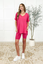 Zenana Buttery Soft V-Neck Bike Short Set in Hot Pink Womens