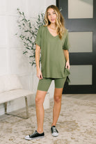 Zenana Buttery Soft V-Neck Bike Short Set in Light Olive Womens