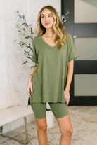 Zenana Buttery Soft V-Neck Bike Short Set in Light Olive Womens
