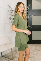 Zenana Buttery Soft V-Neck Bike Short Set in Light Olive Womens