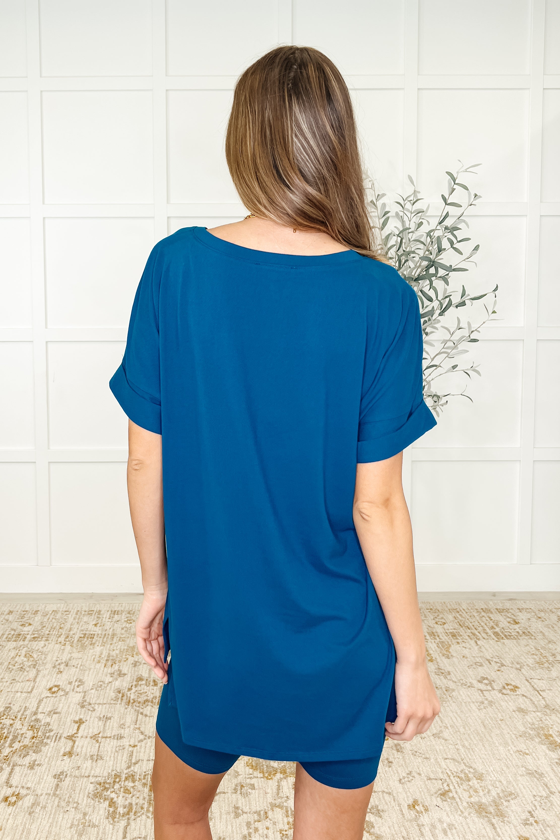 Zenana Buttery Soft V-Neck Bike Short Set in Lt Navy Womens