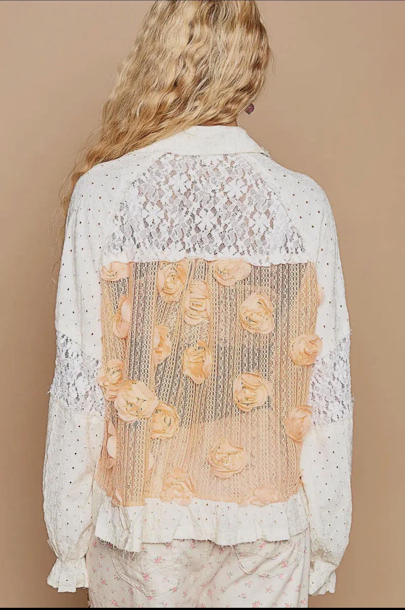 POL Eyelet Flower Pearl Detail Lace Patchwork Shirt in Apricot and Cream Shirts