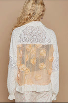 POL Eyelet Flower Pearl Detail Lace Patchwork Shirt in Apricot and Cream Shirts