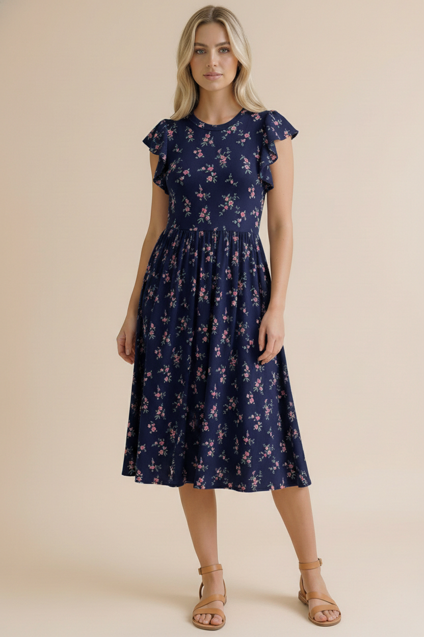Haptics Navy Floral Flutter Sleeve Buttery Smooth Babydoll Midi Dress