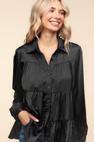 Haptics Black Button Down Tiered Babydoll Satin Blouse Haptics