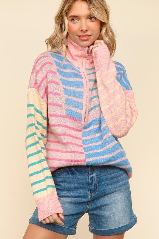 Haptics Blush & Blue Stripe Half Zip Up Oversized Sweater Shirts