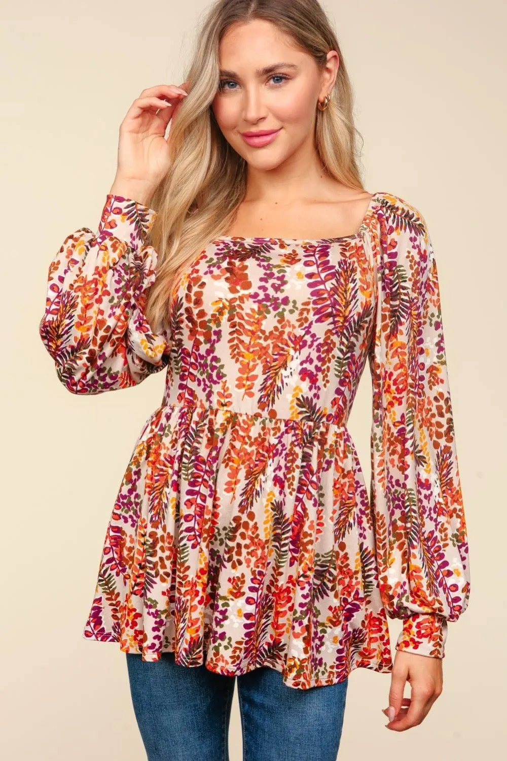 Haptics Taupe & Rust Floral Print Babydoll Bubble Sleeve Top Haptics