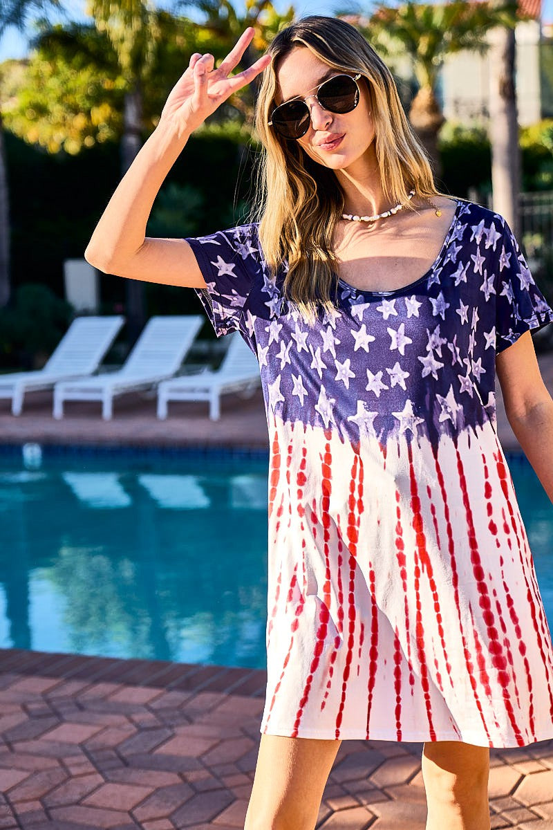 BiBi Vintage American Flag Theme Tee Dress Navy Red Trendsi
