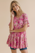 Haptics Fuchsia Frill Hem Babydoll Tiered Swing Floral Top