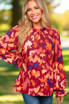 Haptics You Got This Wine Floral Print Print Frill Mock Neck Top Shirts & Tops