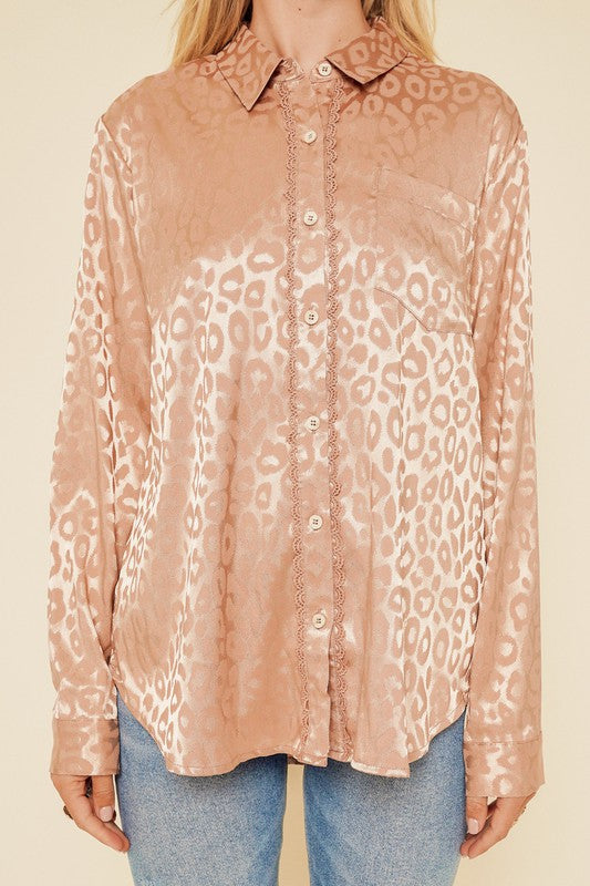 Hem & Thread Nude Satin Animal Print Button Down Lace Shirt Top Shirts & Tops