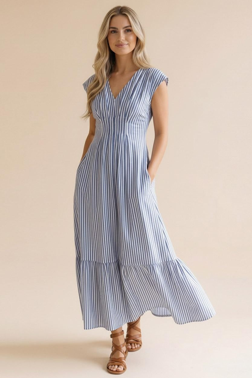 Haptics Sunny Days Striped Pleated Back Smocked Waist Stripe Woven Maxi Dress