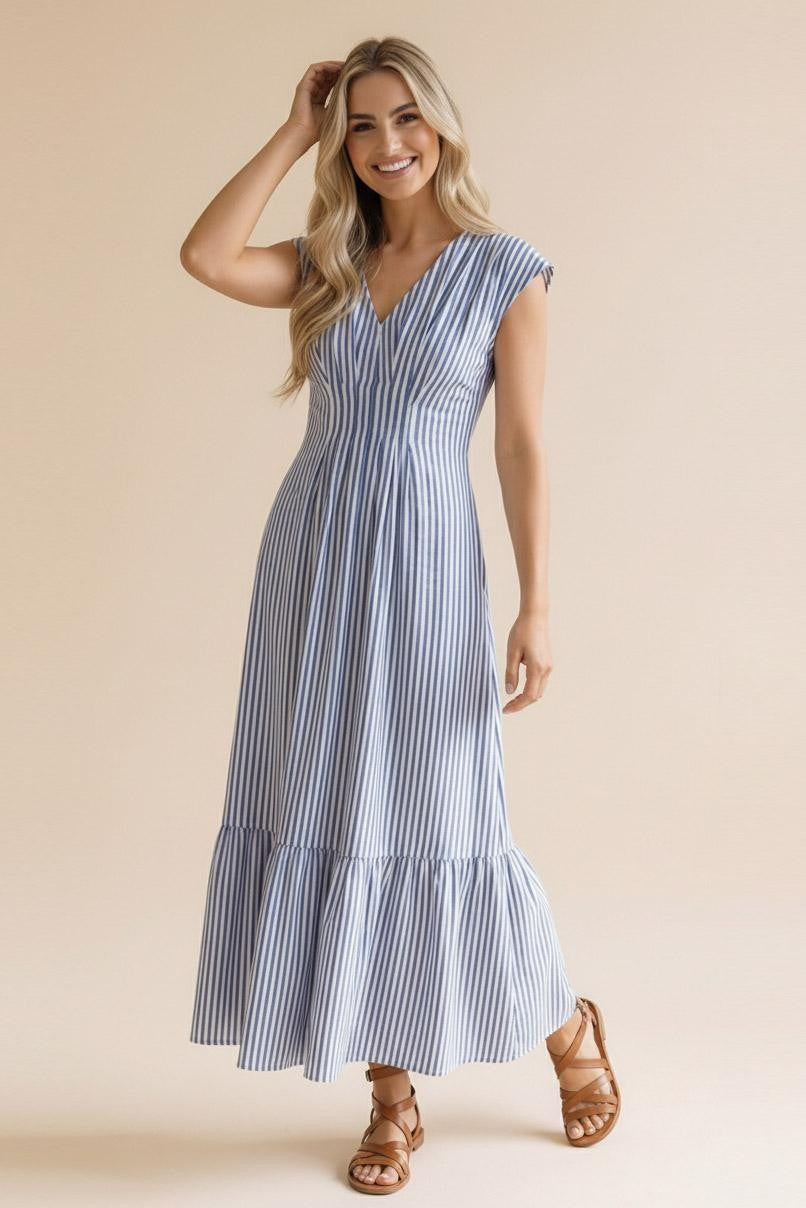 Haptics Sunny Days Striped Pleated Back Smocked Waist Stripe Woven Maxi Dress