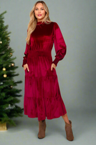 Haptics Burgundy Velvet Mock Neck Smocked Waist Dress Haptics