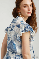 Umgee Sky Blue Two Tone Landscape Print Midi Dress