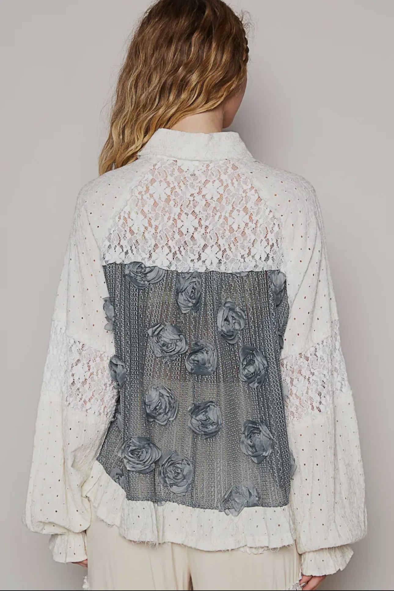 POL Eyelet Flower Pearl Detail Lace Patchwork Shirt in Charcoal and Cream Shirts & Tops